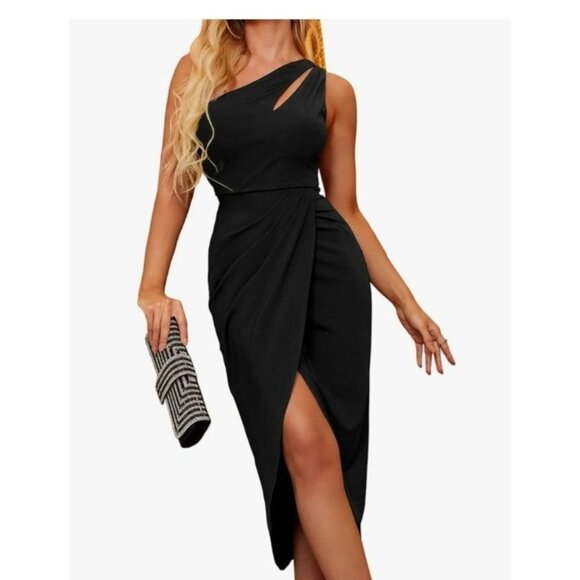 Womens Size S Asymmetric Black Midi Dress Ruched Detail Side Slit Sexy Party - Picture 1 of 12